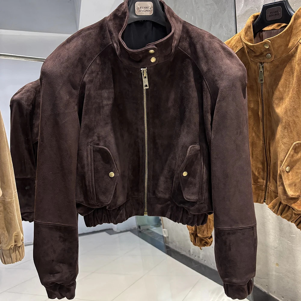 YOLOAgain Oversized Suede Leather Cropped Jacket Coat Women Drop-shoulder Dark Brown Genuine Leather Jacket Coat Autumn 251106