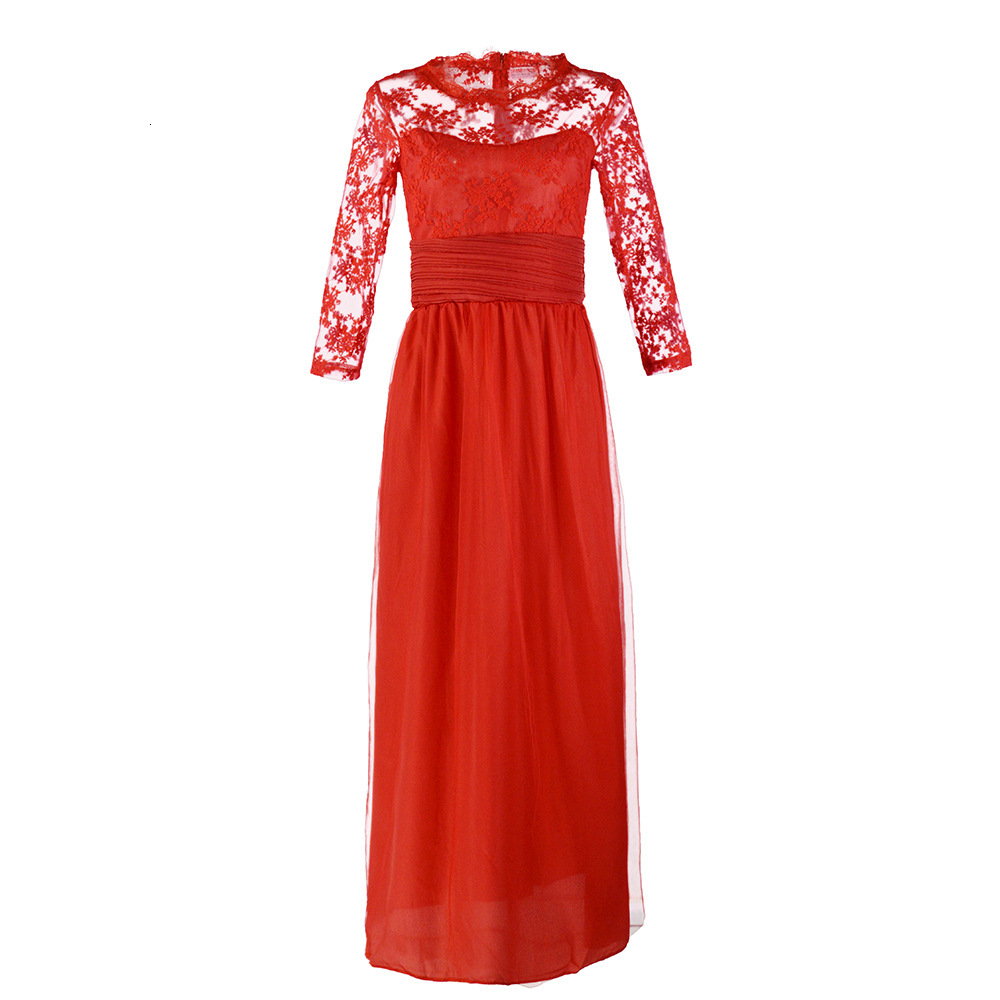 Autumn 2025 Women's Red Long Sleeve Lace Perspective Evening Dress
