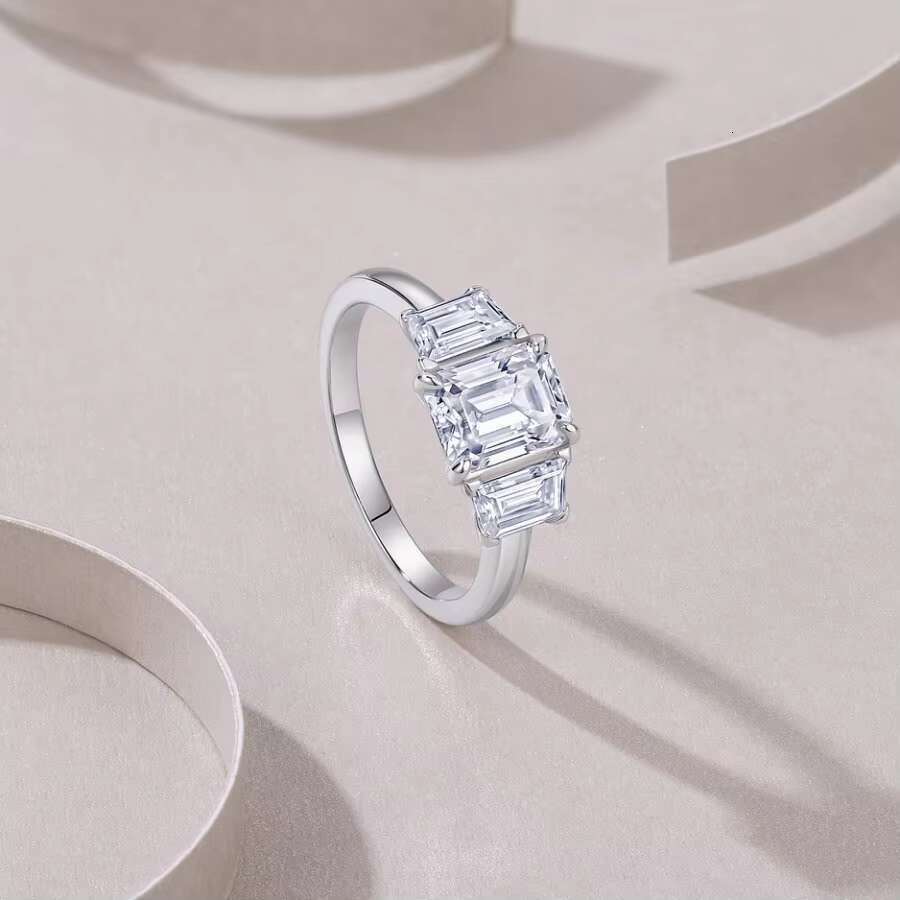 3CTW Moissanite Ring 3 Stone Emerald Cut 18K Gold Plated 925 Sterling Silver Elegant Classic Engagement Gift with Certificate