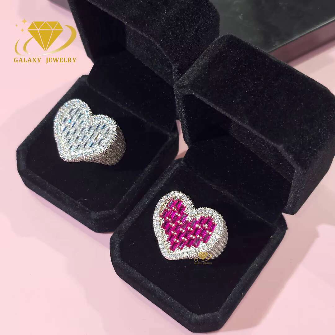 Fine Jewelry Fashion Heart Shape Ring Women Iced Out Moissanite 925 Silver Gift Custom Diamond Heart Finger Rings