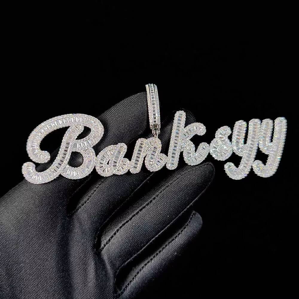 Personalized Custom Baguette Initial Letter Pendant Bling Moissanite White Gold Capital Alphabet Name Necklace