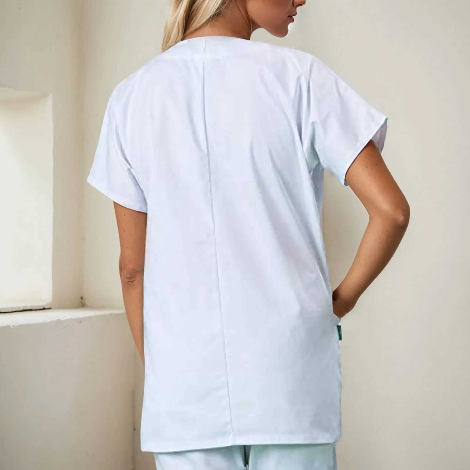 Womens white washer uniform pocket button short Slve washer top round neck nurse accessory Enfermeria X250410