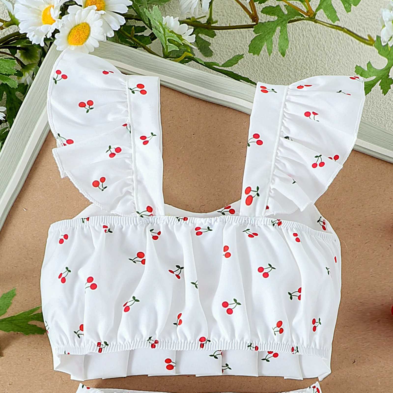 2PCS Summer New Sled Girl 1-4 Years Old Comfortable and Cute Cherry Love Pattern Top+Sprint SetXJ250410