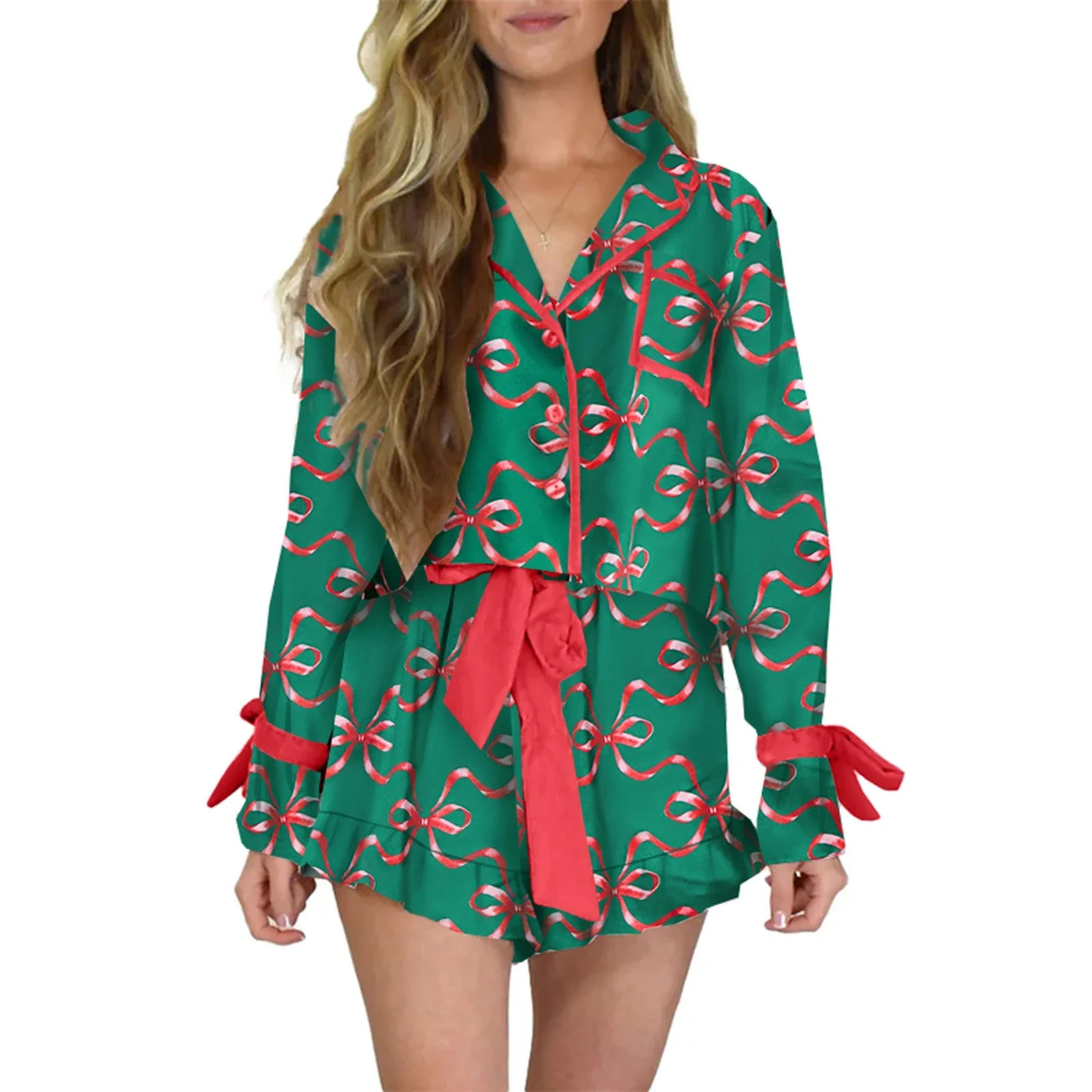 Christmas Pajamas for Women Bow Santa Claus Print Long Sleeve Shirts Ruffle Shorts Lounge Set Xmas 2 Piece Sleepwear 251106