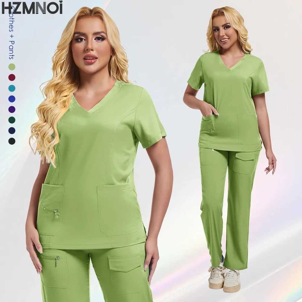 Workwear Nursing Women Scrubs Pants Elastic Working Uniform Women Short Slve Neck Tops Dental Hospital Scrubs Suits X2504101