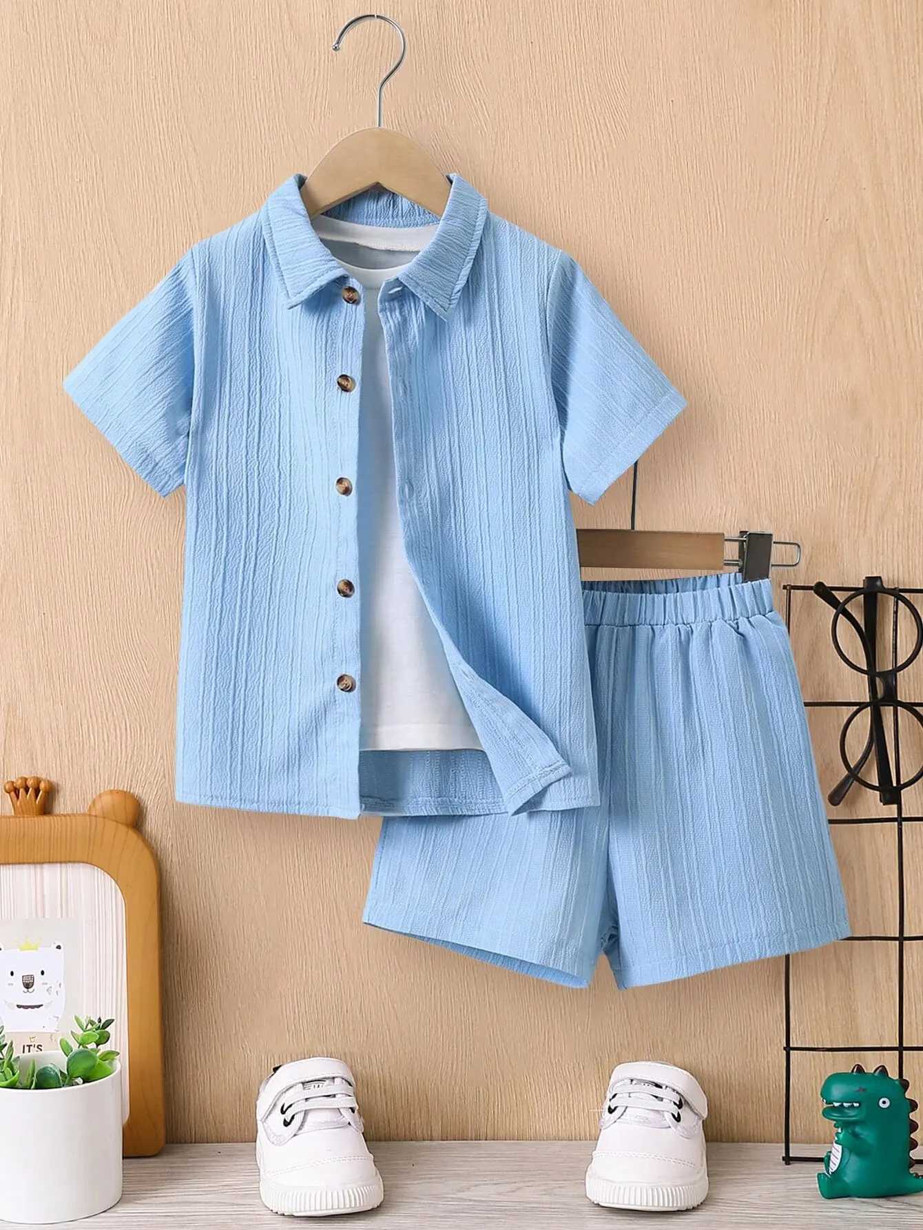 Summer Boys Set Blue Wave Shirt Casual Two piece Simple Childrens ClothingXJ250410