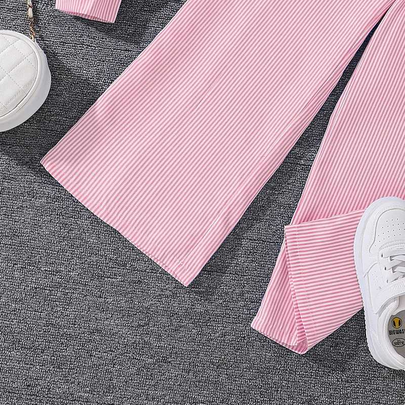 Childrens clothing set suitable for girls aged 4-12 pink striped long sleeved lapel cardigan cardigan and pants daily waist comfort setXJ250410