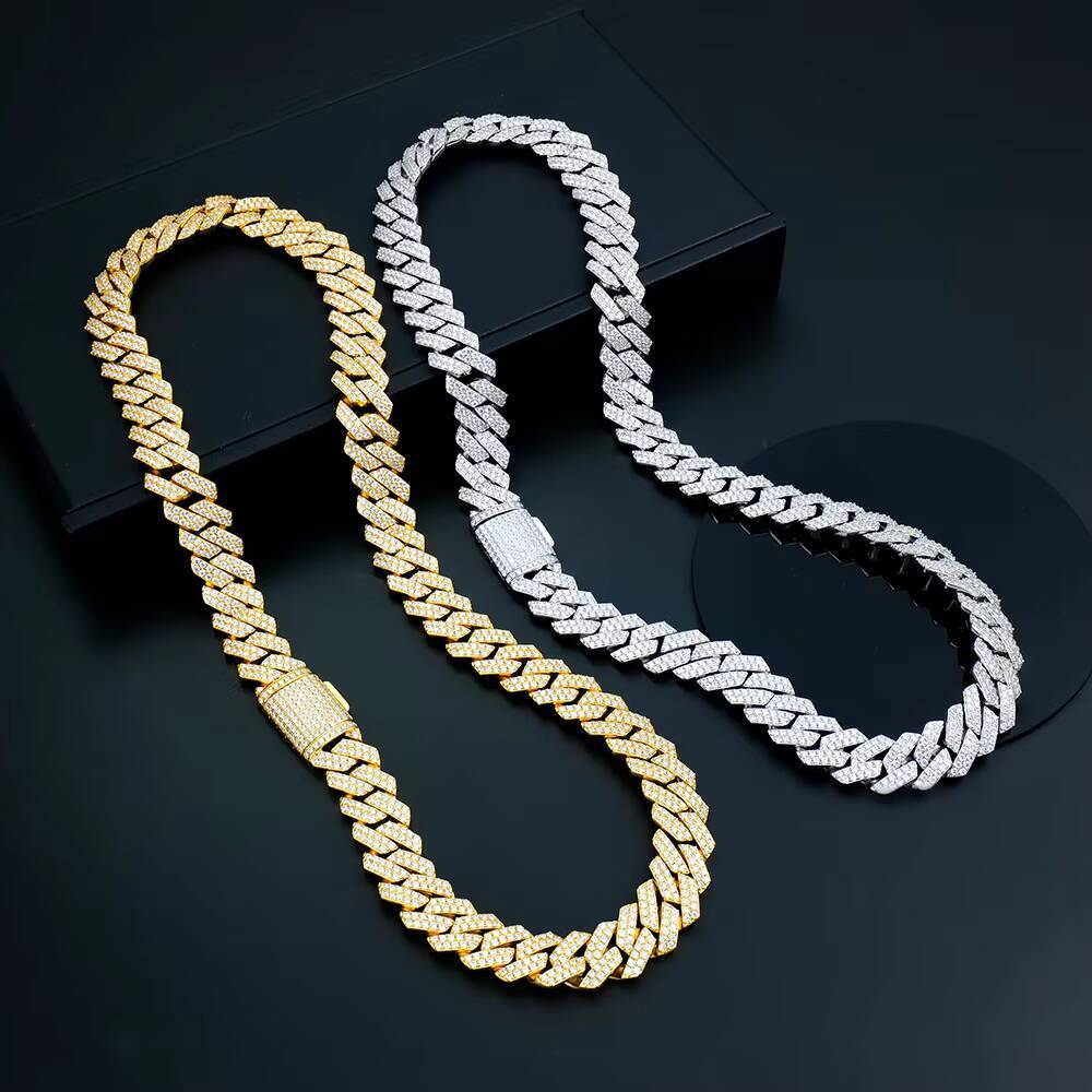 925 Silver Jewelry White Gold Yellow Gold Plated Moissanite Necklace 14mm Sharp Angled Style Cuban Link Chains for Hiphop Men