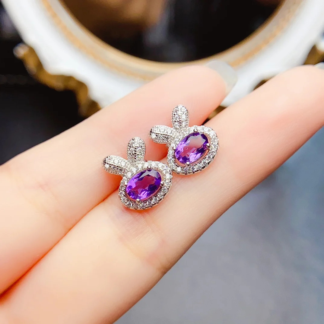 FS 4 * 6mm natural amethyst rabbit earrings S925 pure silver exquisite charm womens wedding jewelry certificate MeiBaPJ gift 250409