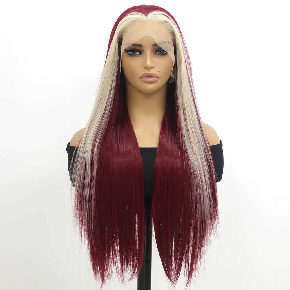 13x4 Red Lace Front Wig Red and Blonde Streak Long Straight Smooth Silky for Women Wig Cap Synthetic Fiber Glueless Hair WigsT251111