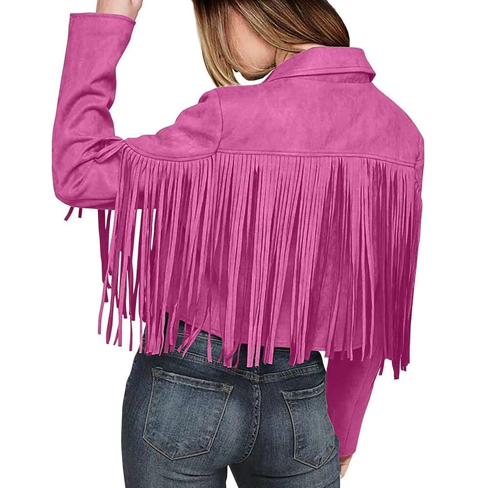 Women Faux Suede Leather Tassel Jackets - Vintage Lapel Open Front Cowboy Style Long Sleeve Tassels Cardigan Coat Tops 2024