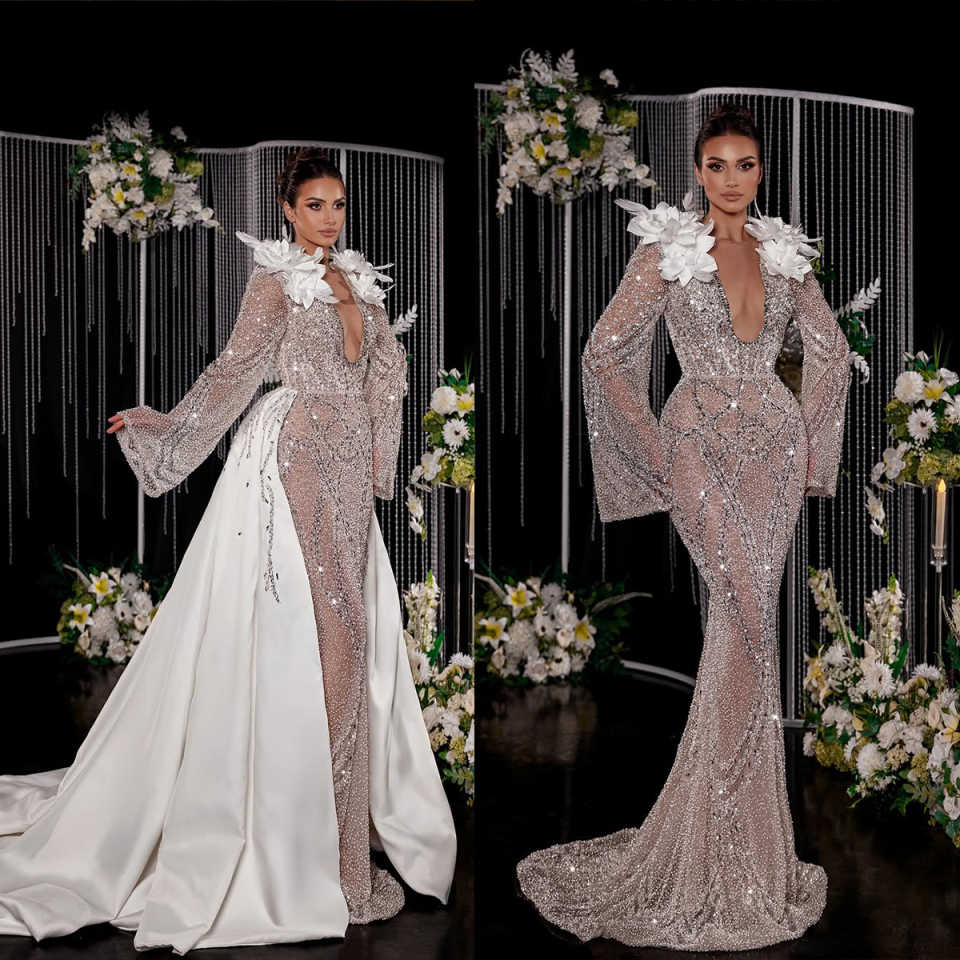 Sexy Mermaid Elegant Wedding Dresses With Sequins Full Sleeve 3D Appliques Sequins Backless Party Plus Size Custom Made vestido de novia