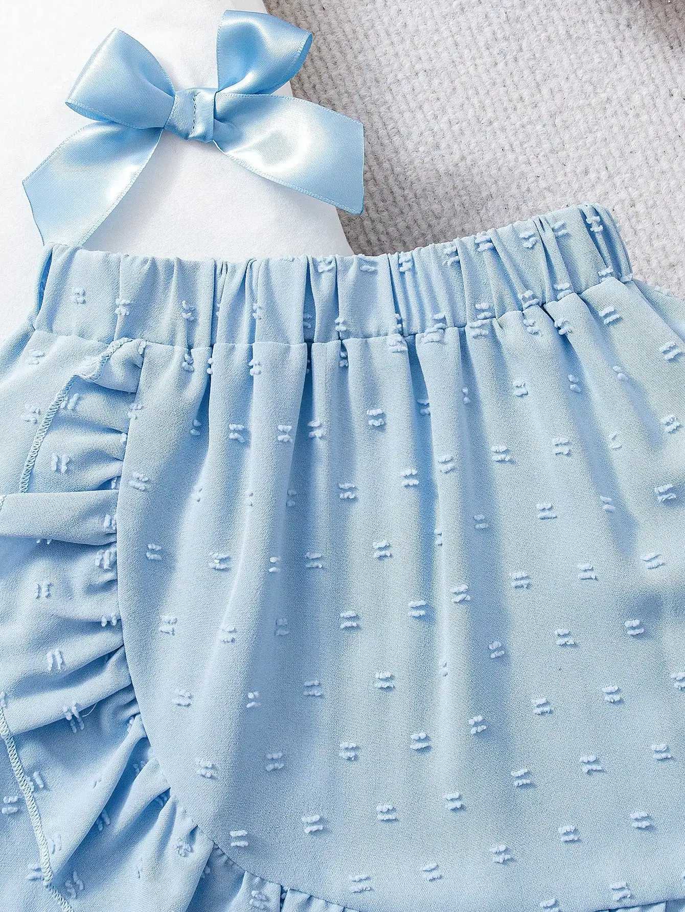 Girls Blue Bow Tee Tiered Skirt Set#Sweet Preppy Outfit for Ages 4-7School/PartiesS/SXJ250410