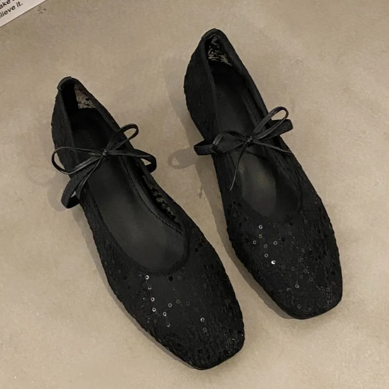 Spring Flat Shoes for Women Square Head Shallow Mouth Mesh Fabric Embroidery Butterfly Knot Soft Sole Single Shoes 250410
