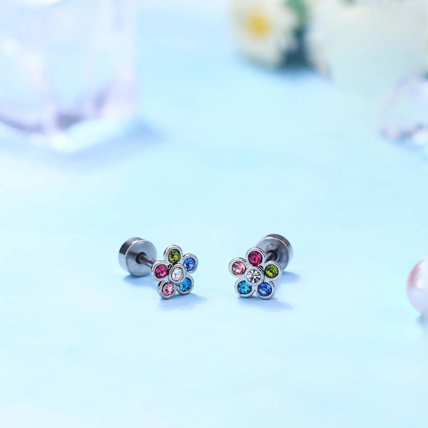 Drperfect 8 pairs of flower stud earrings set suitable for women colorful CZ ball earrings Tragus pocket perforated party jewelry 250409