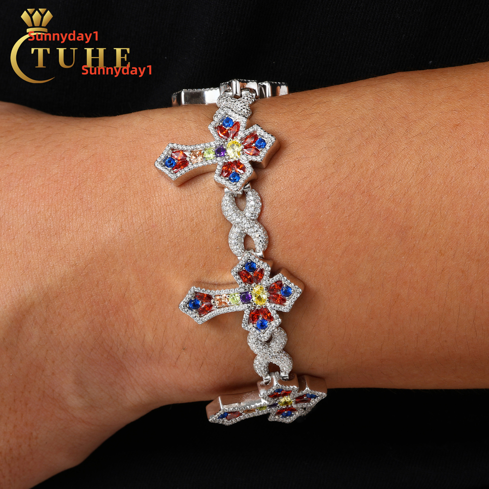 New Arrival Hip Hop Jewelry 26mm 925 Sterling Silver VVS Moissanite Colorful Moissanite Infinity Candy Cross Link Bracelet for Men