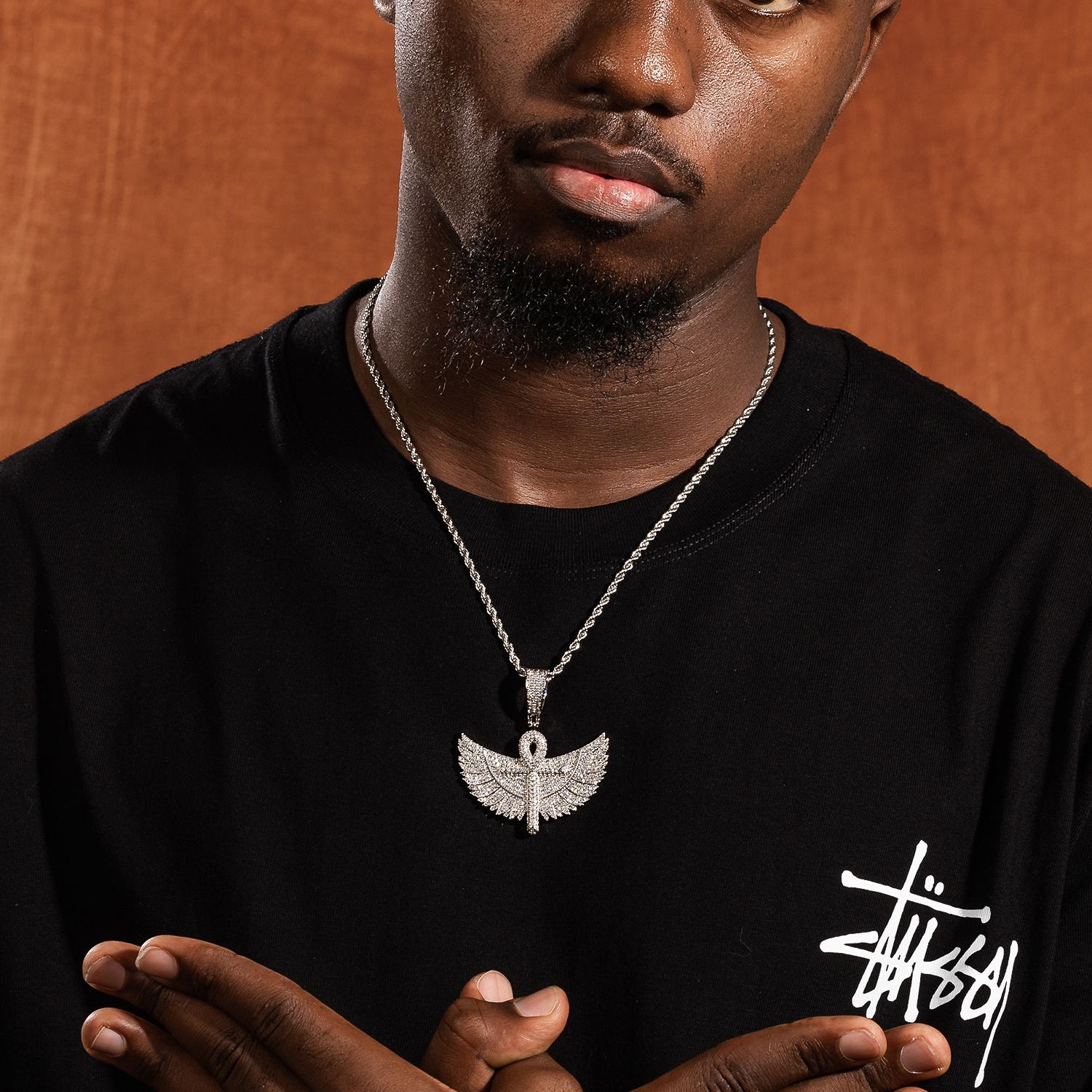 Hip Hop New In Large Ankh Cross With Wings Pendant Full Diamond Cz Stones 14k Real Gold Mens Rap Iced Out Cubic Zirconia Necklaces Punk Rock Collar Bi