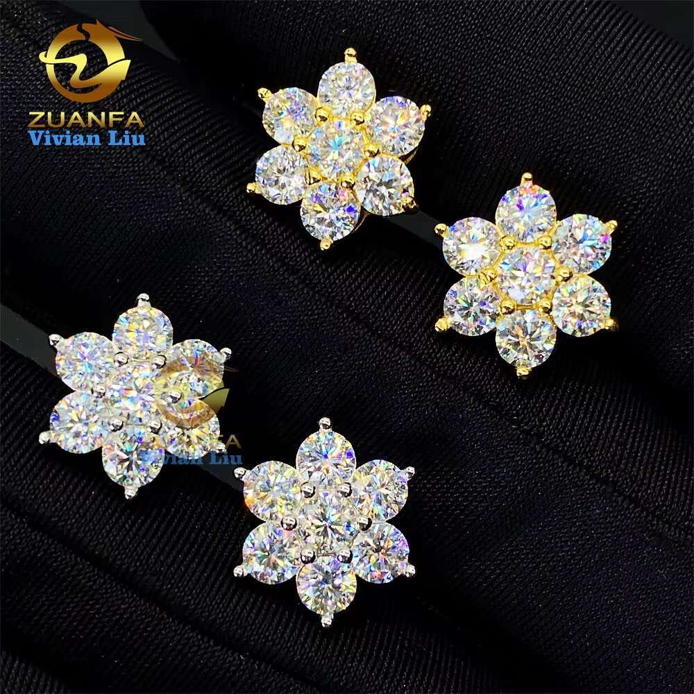 High Quality 18k Gold Plated 925 Sterling Silver Fashion Jewelry Luxury Shiny Vvs Moissanite Diamond Flower Jewelry Stud Earring