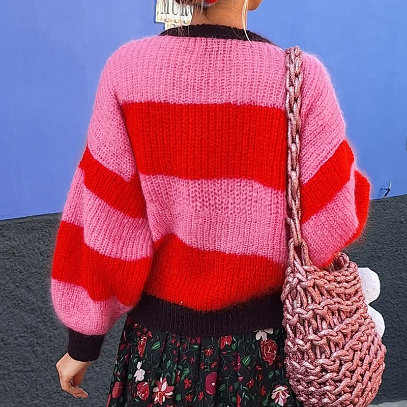 Women's color-block striped top, round-neck long-sleeved sweater, popular casual streetwear, pullover for women, off-the-shoulder top---TVL076