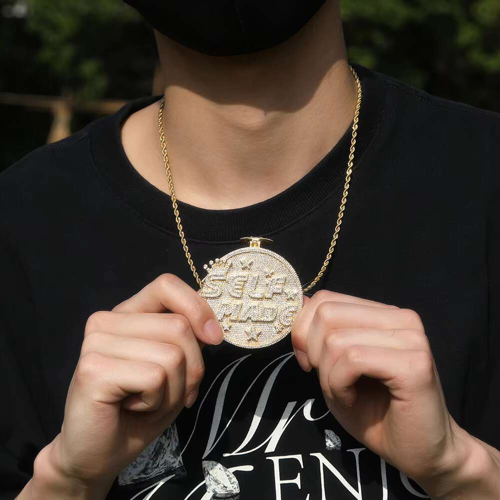 Luxury Bling Cz Micro Pave Personalized Letter SELF MADE Engraved Big Round Medal Pendant Hip Hop Necklaces for Men