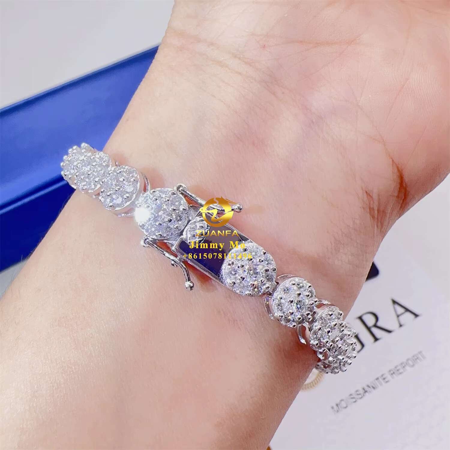 New Designs Luxury 925 Sterling Silver White Gold Plated Iced Out Hip Hop Fire Jewelry VVS Moissanite Cluster Bracelet