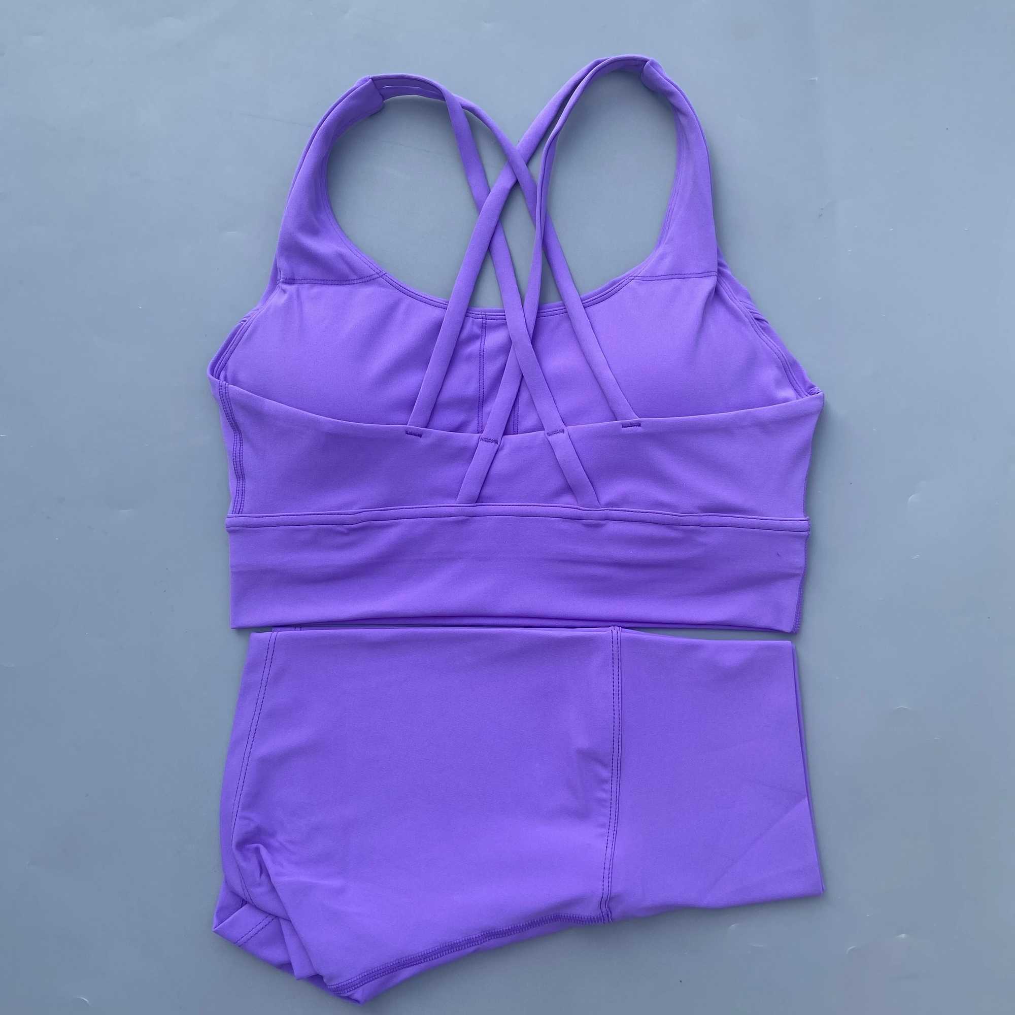 Solid color gym bicycle yoga set short leg+cross sports bra track and field suit womens gym set comprehensive training joggingW250411