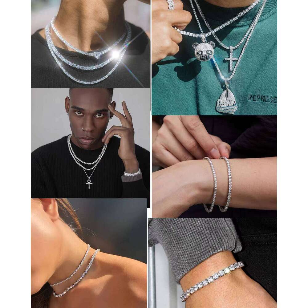 Real Solid 10K Gold 3mm--5mm Wide Pass Test Moissanite Dia Tennis Necklace/bracelet Chain for Fine Jewelry