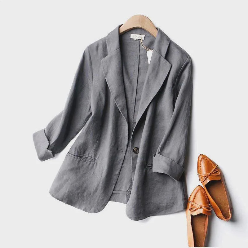 SpringSummer Womens One Third Sleeve Set Cotton Linen Jacket Flip Collar Pocket Top 250407