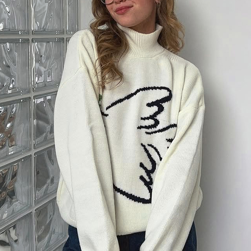 Women's solid-color jacquard sweater, high-neck comfortable street-style long-sleeved sweater, peace dove jacquard, fall clothes christmas sweate