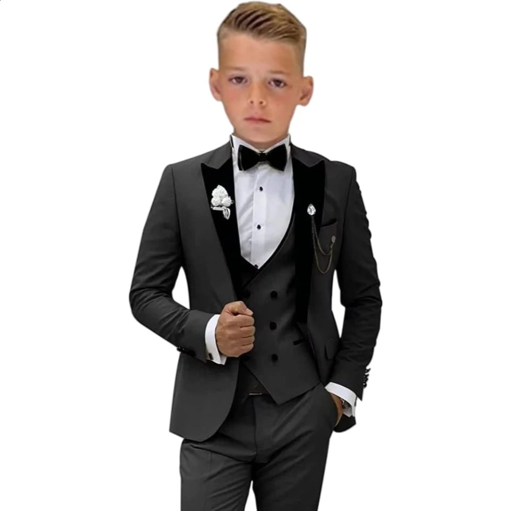 Black Boys Suits 4 Pieces Blazer Vest Pants Bow-tie For Piano Performance Velvet Collar Kids Suit Set Birthday 250410