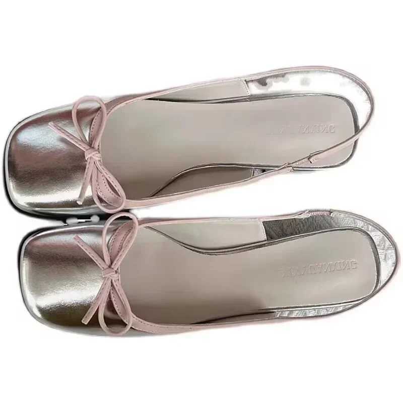 Summer 2025 Womens Apartment Silver Boat Shoes Square Toe Sliding Flat Shoes Womens Ballet Flat Shoes Comfortable Bow Womens SandalsXJ250410