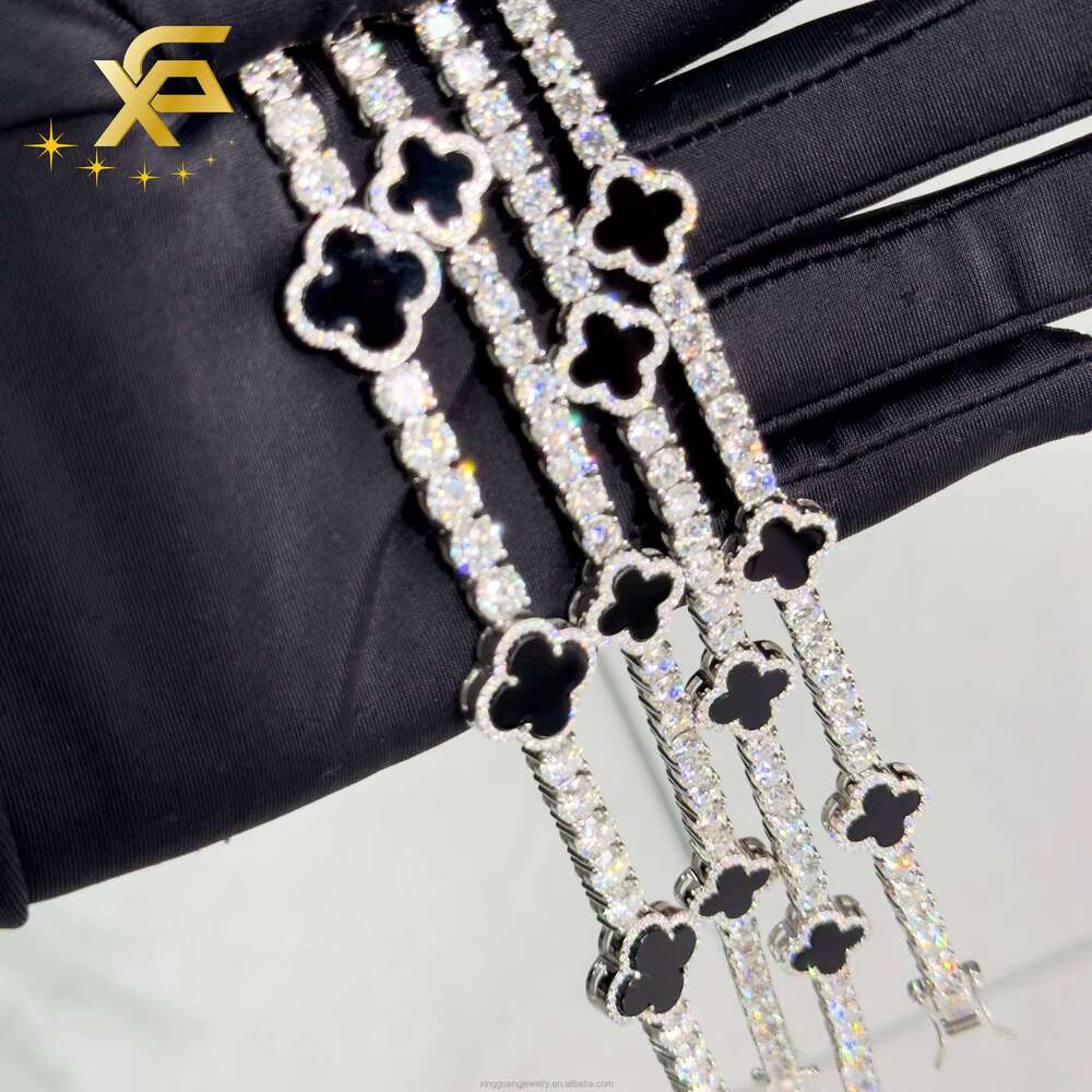 Fashion Pure Sier 3-4-5mm VVS Moissanite Natural Black Onyx Agate Clover Tennis Chain Jewelry Bracelet