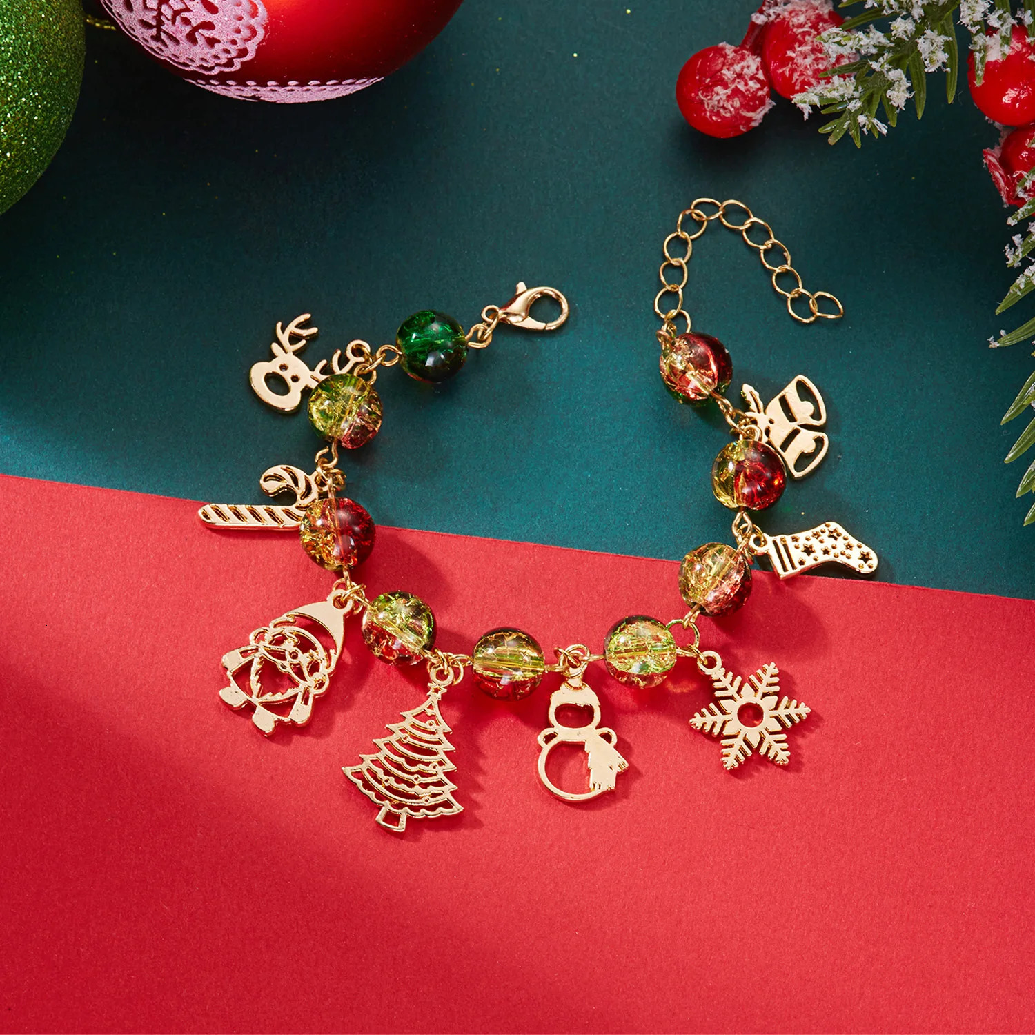 Christmas Colorful Crystal Beads Bracelet For Women Santa Claus Snowflake Tree Elk Snowman Pendant Bangle Year Party Jewelry 251103