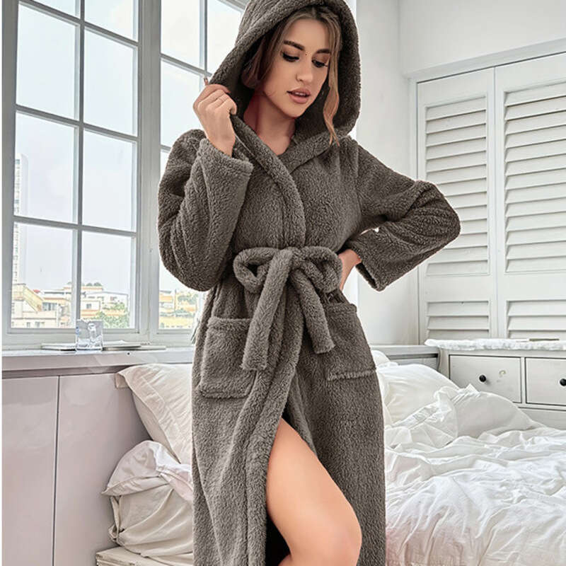 Women's Winter Pajamas Coral Fleece Thickened Sleeve 2025 New Hooded Robe Flannel Loungewear Long Style S-XL