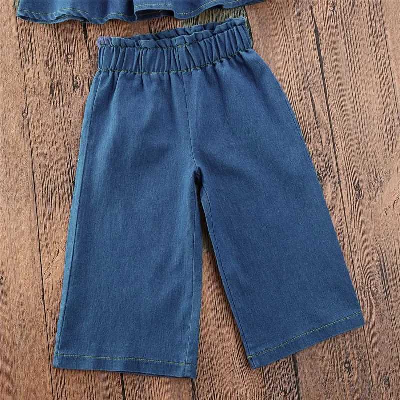 1-5 year girl denim suit sleeveless ruffled Camisol high waisted wide leg pants blue denim suitXJ250410