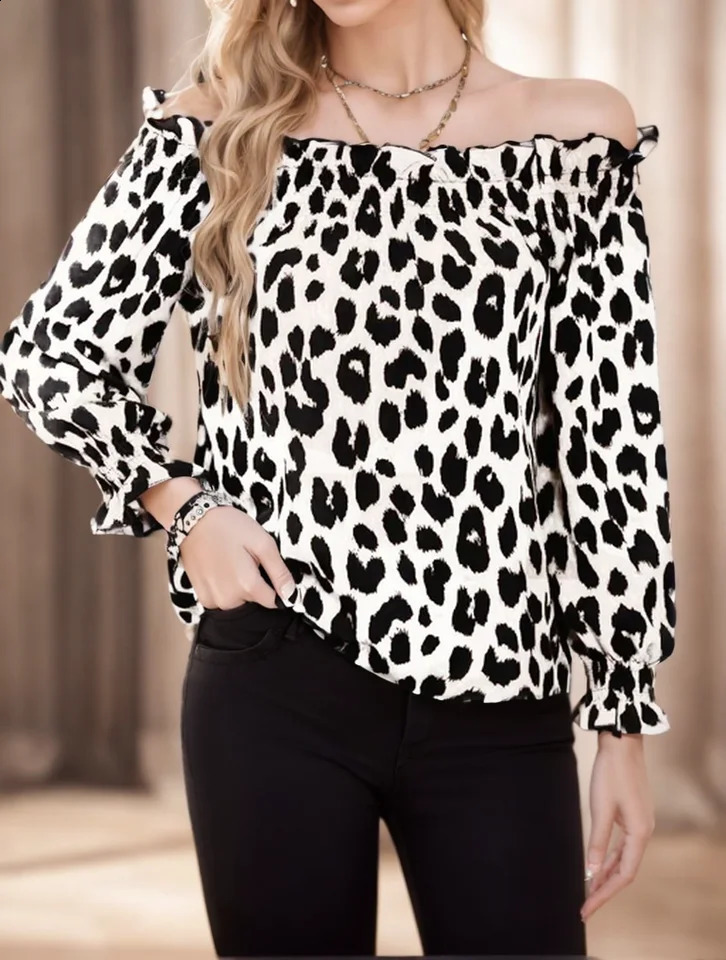 Womens springsummer casual leopard print single shoulder long sleeved Tshirt 250411Z