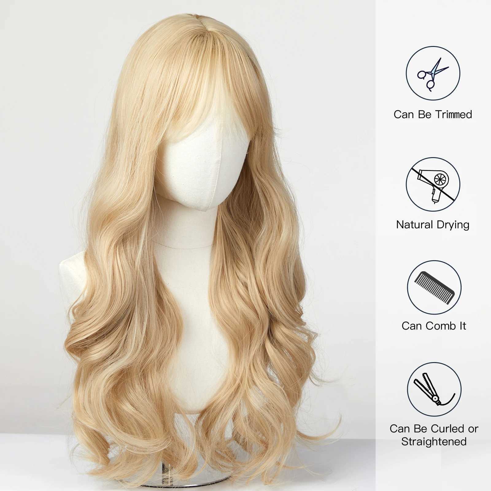 EASIHAIR Sandy Blonde Golden Wavy Synthetic Wigs with Long Bangs Cosplay Lolita Party Hair Wigs for Women Natural Heat ResistantT251111