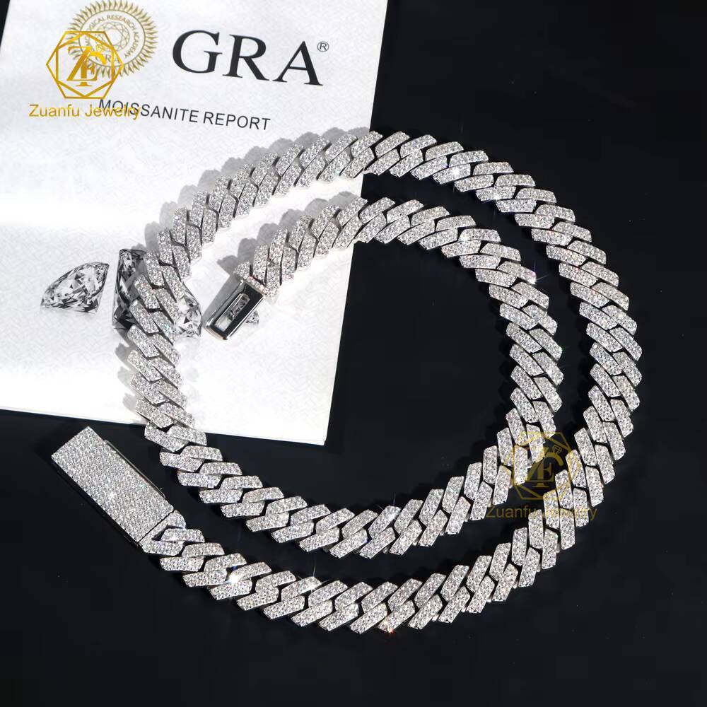 Fine Jewelry S925 Sterling Cuban Link Moissanite Necklace 2Row 12mm VVS Moissanite Diamond Cuban Chain