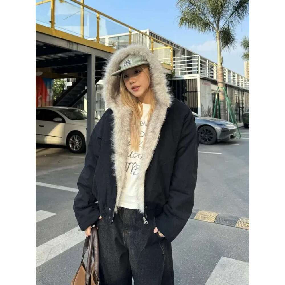 Winter High Street Fashion Retro Fur Collar Hooded Women's Y2k Veet Thick Warm Haruku Loose Casual Sports Jacket