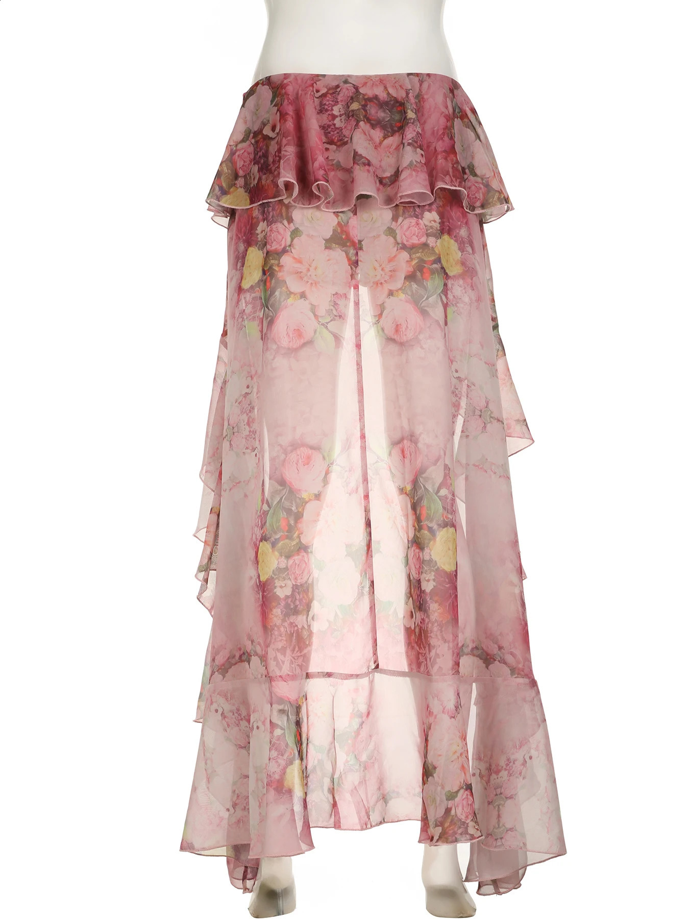 Rockmore Holiday Flower Printed Ruffle Half Body Skirt Low Waist Y2K Aesthetic Lace Skirt Harajuku Grunge Fairycore Clothing 250408