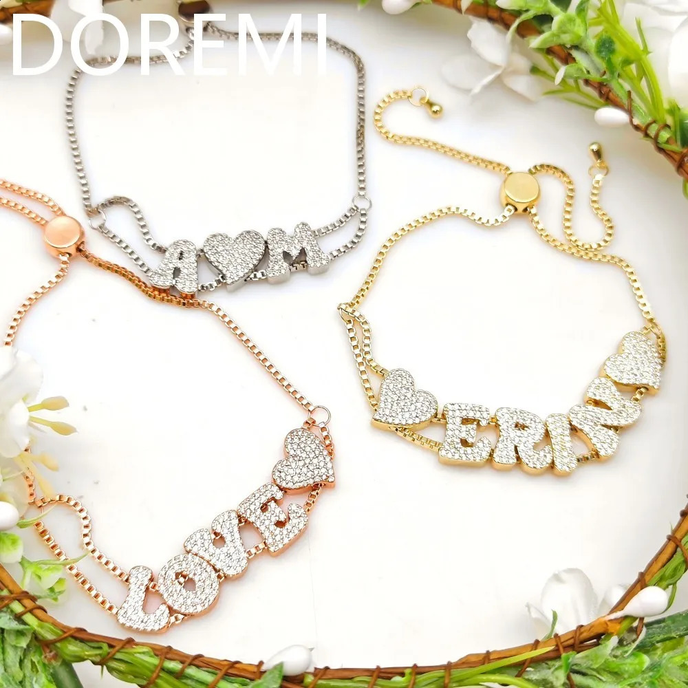 Double layer CZ personalized initial letter customized jewelry 18k gold-plated diamond bracelet fat bubble name bracelet 250408