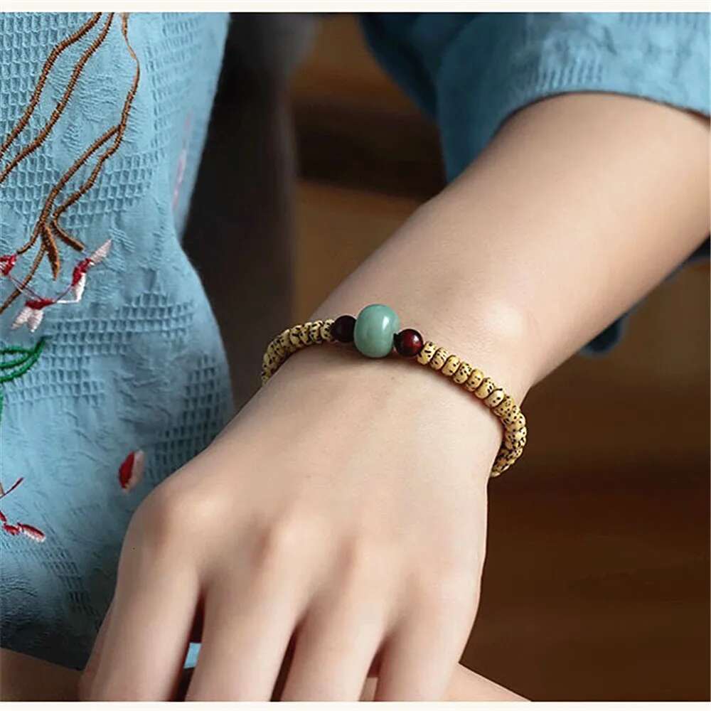 Natural Star Moon Beaded Weathered Green Bodhi Barrel Beads Red Sandalwood Bracelet Buddhist Yoga Jewelry