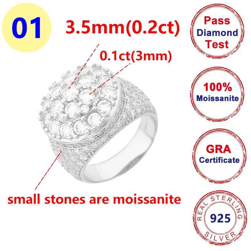 Full Moissanite Diamond Mens Solid Big Ring Hip Hop Rap S925 Silver Ring Plated White Gold Jewelry for Men