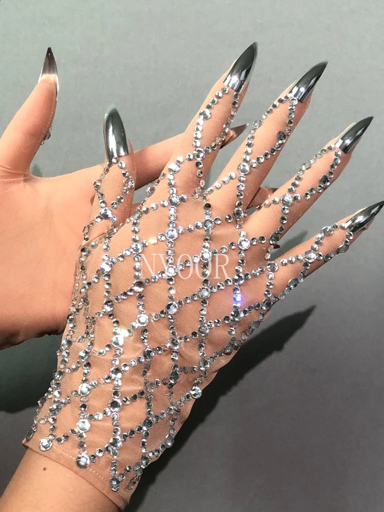 Shining Rhinestone Mesh Gloves Sexy Crystal Short Gloves Stage Performance Show Accessories Nightclub Party Outfit 250408