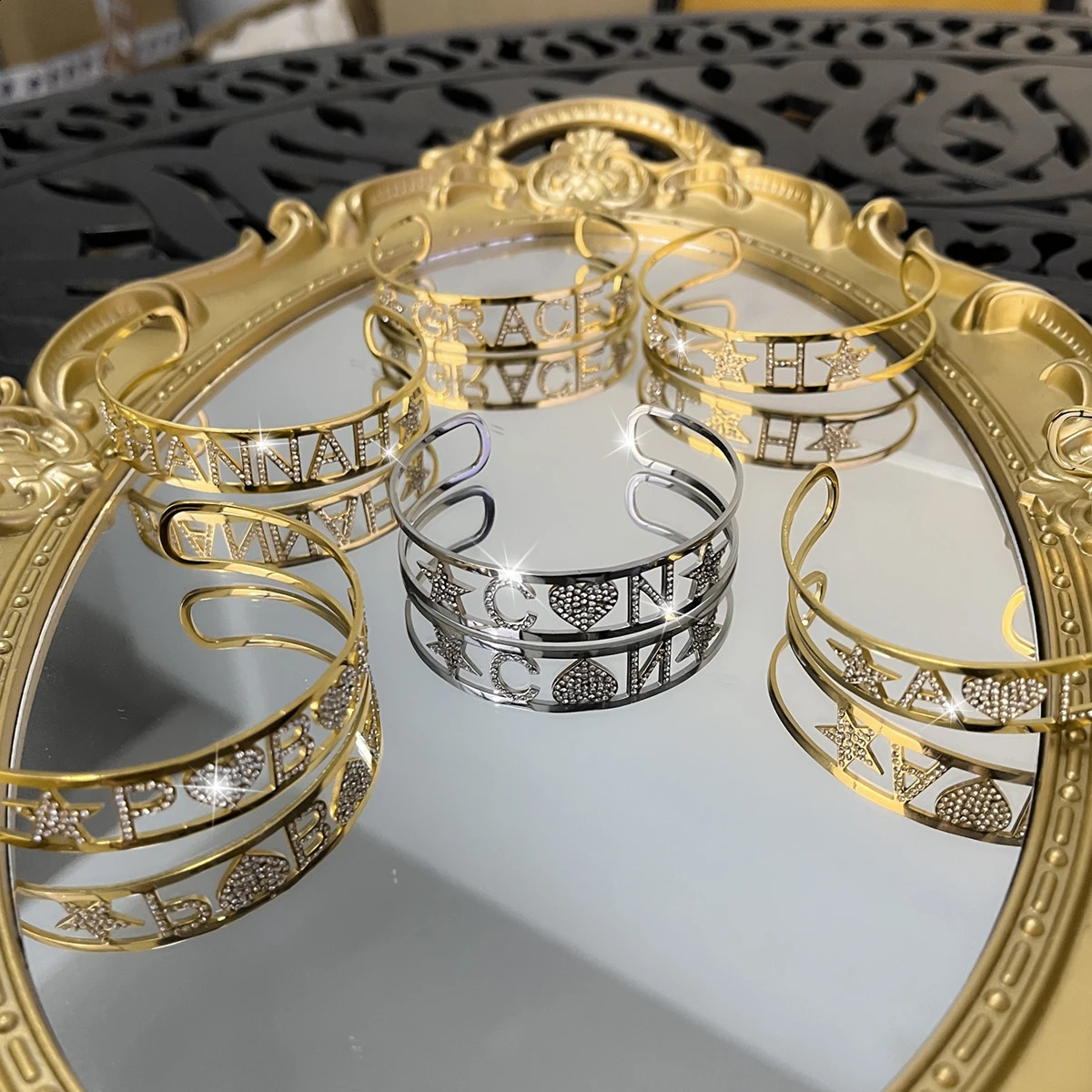 ly customized stainless steel name bracelet zircon letter open adjustable all diamond 250410