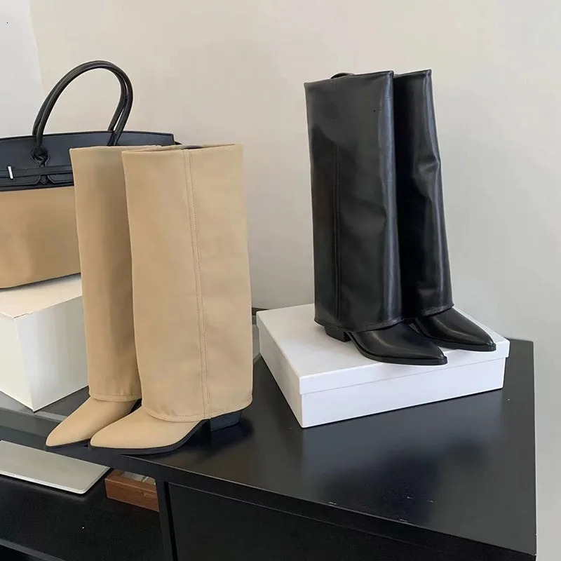 Explosion khaki cloth wide womens knee high boots Dwarf heel long womens shoes pointed womens winter boots 251110