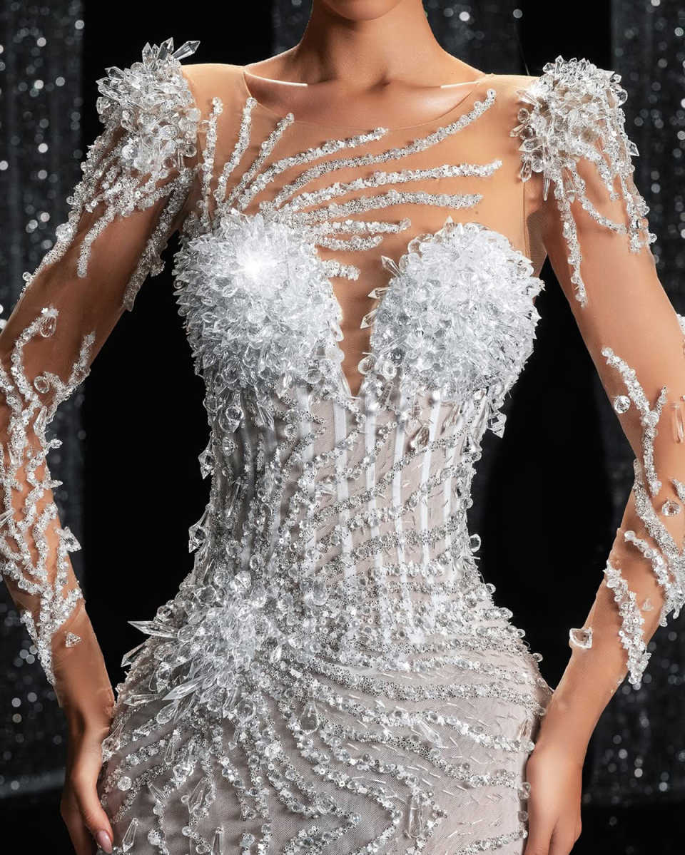 Luxurious Rhinestone Wedding Dress Women Beaded Sequined Lace Mermaid Bride Dresses Customized Long Sleeve Bridal Gown