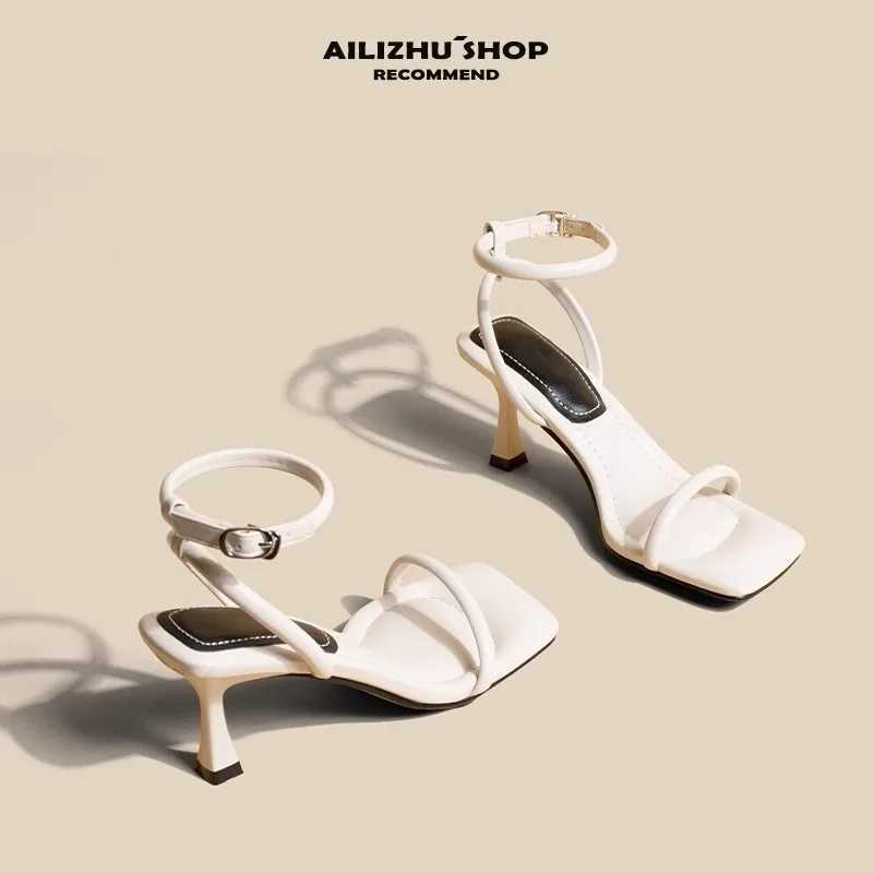 Womens high-heeled sandals square slim high-heeled shoes e-length strip open toe sandals dress French temperature sandals De MujerXJ250410
