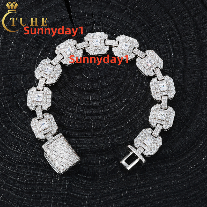 Luxury Hip Hop Jewelry 12mm Gold Plated 925 Sterling Silver VVS Moissanite Diamond Square Shaped Fashion Bracelet for Men Women