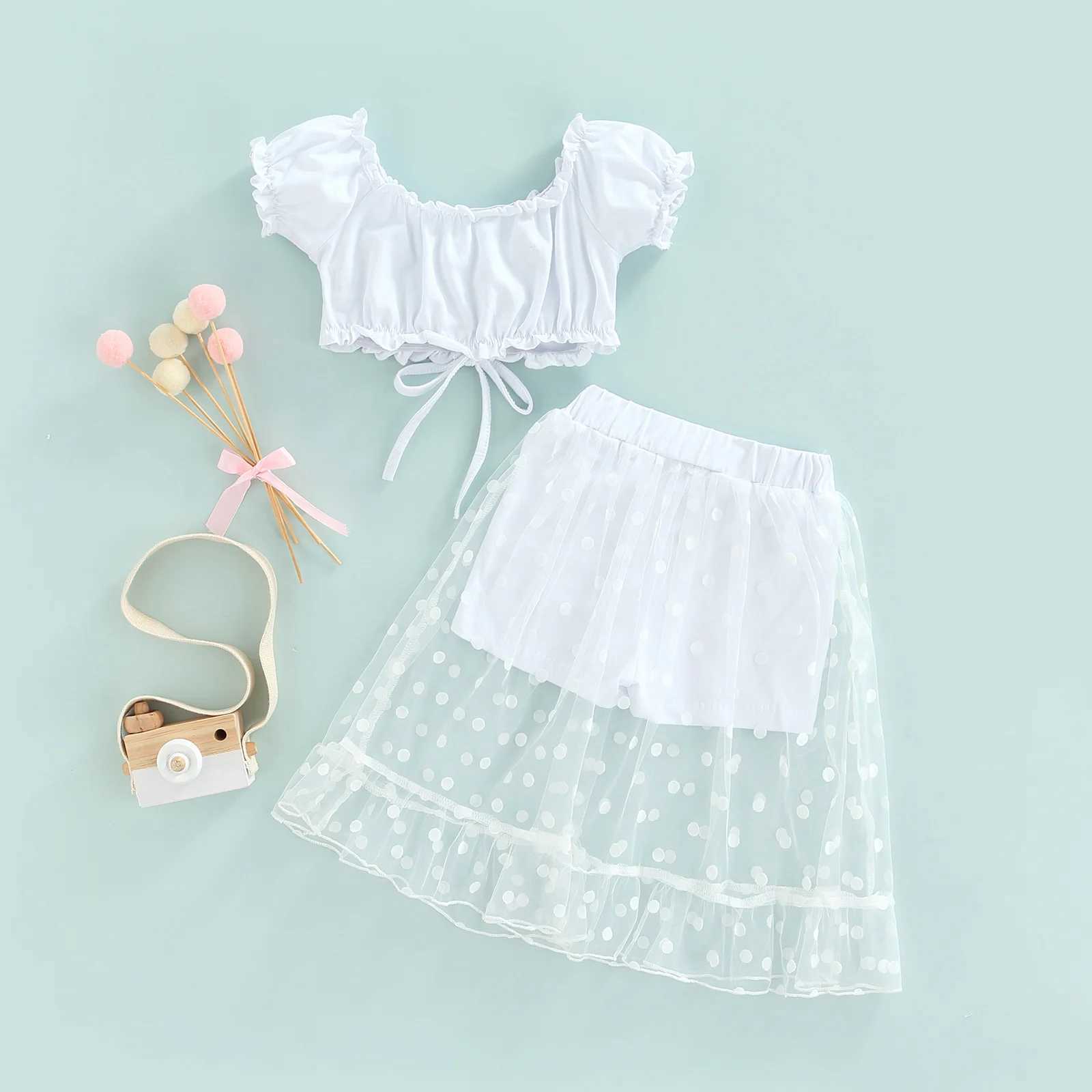 Childrens baby girl 2PCS set childrens baby girl pleated edge decoration Drstring pleated short sleeved top+patch work mesh shorts 2-7TXJ250410